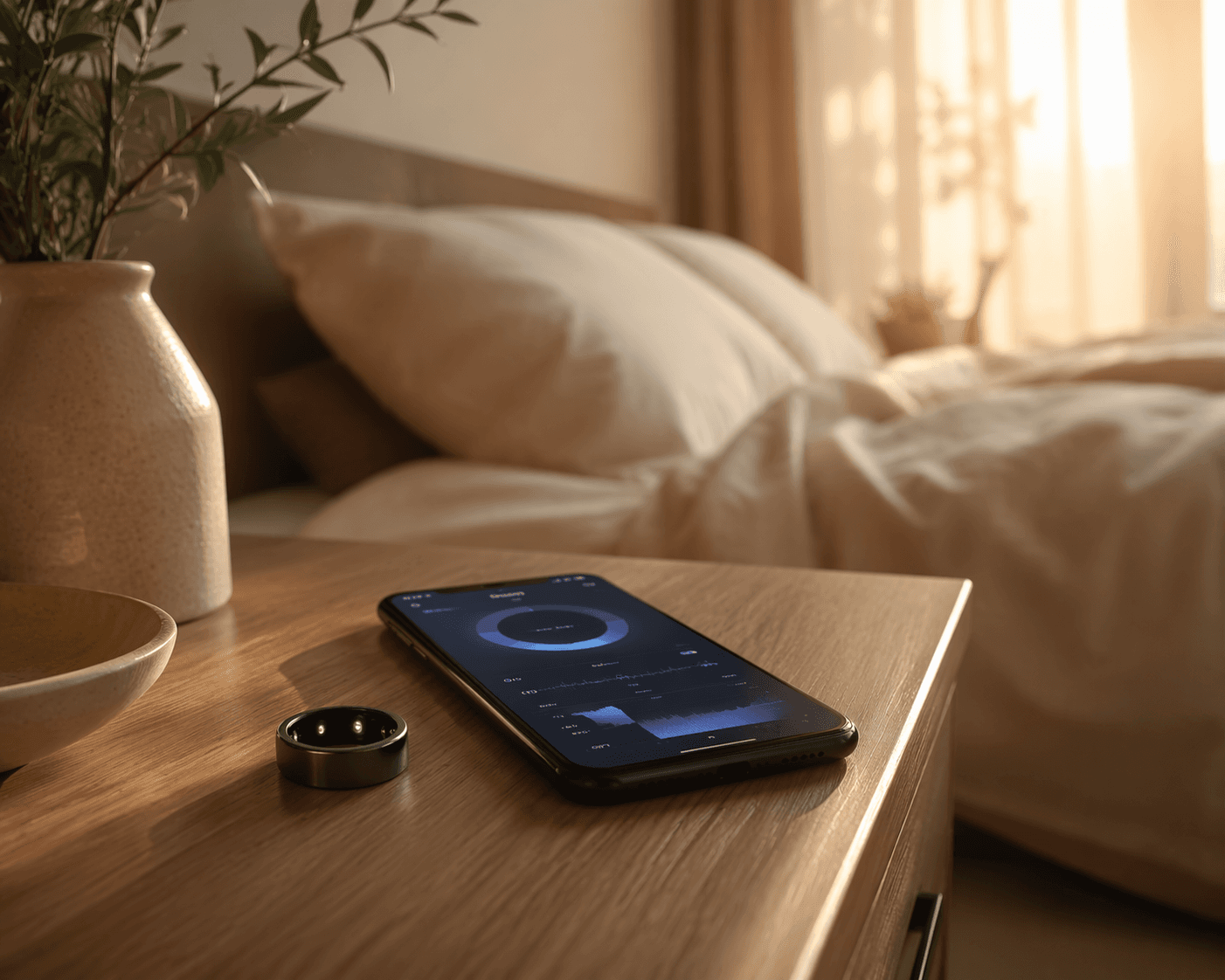 A warm morning bedroom scene with a smart ring beside a phone showing sleep data.