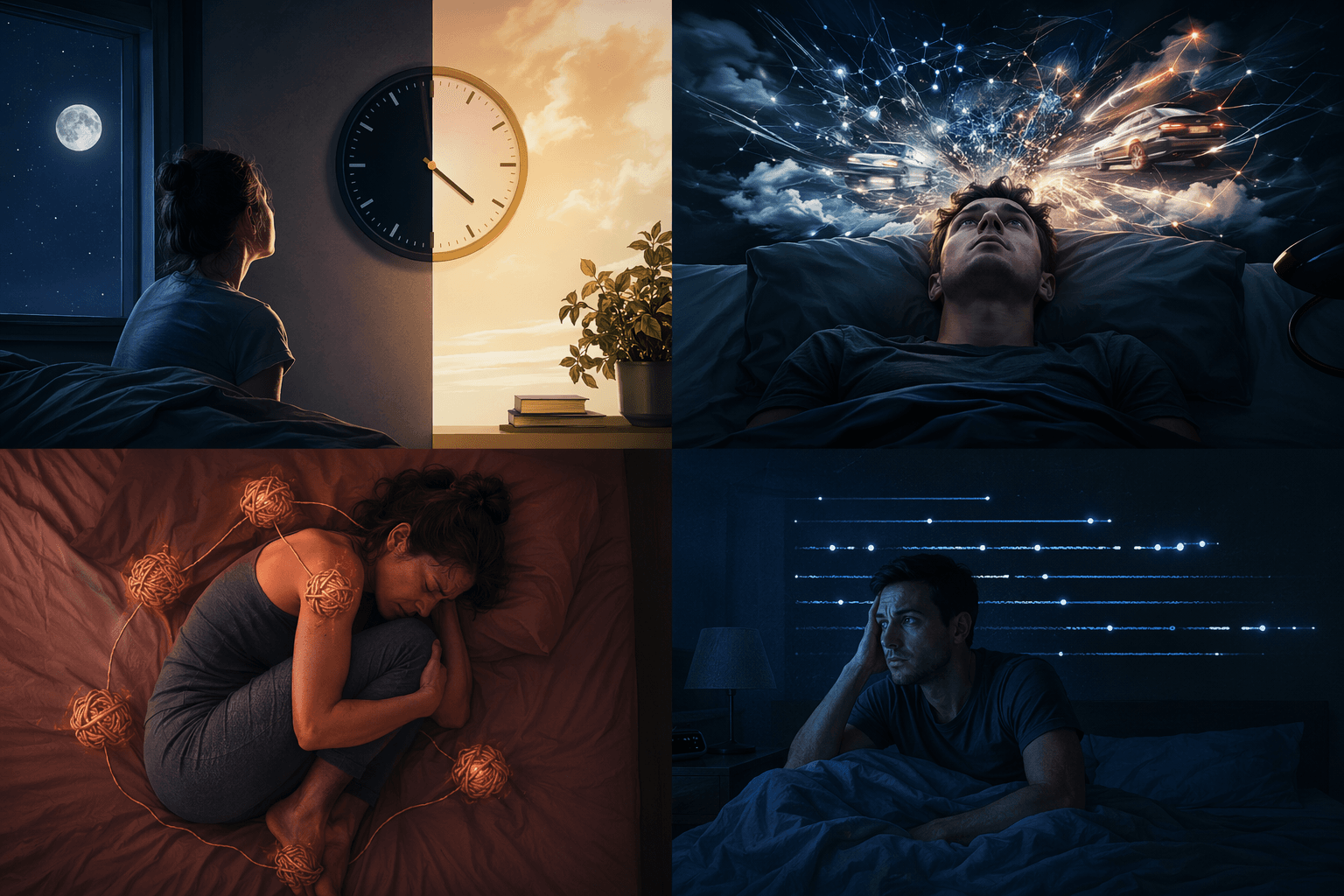 Four sleep bottlenecks: circadian misalignment, stress-driven hyperarousal, physical restlessness, and fragmented sleep