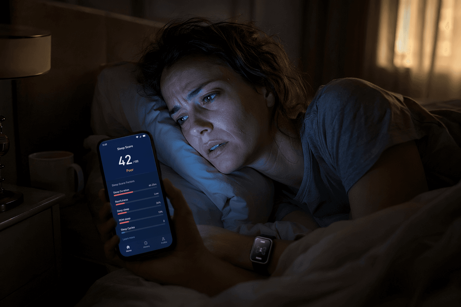 Woman in bed at dawn checking a low sleep score on her phone while wearing a smartwatch