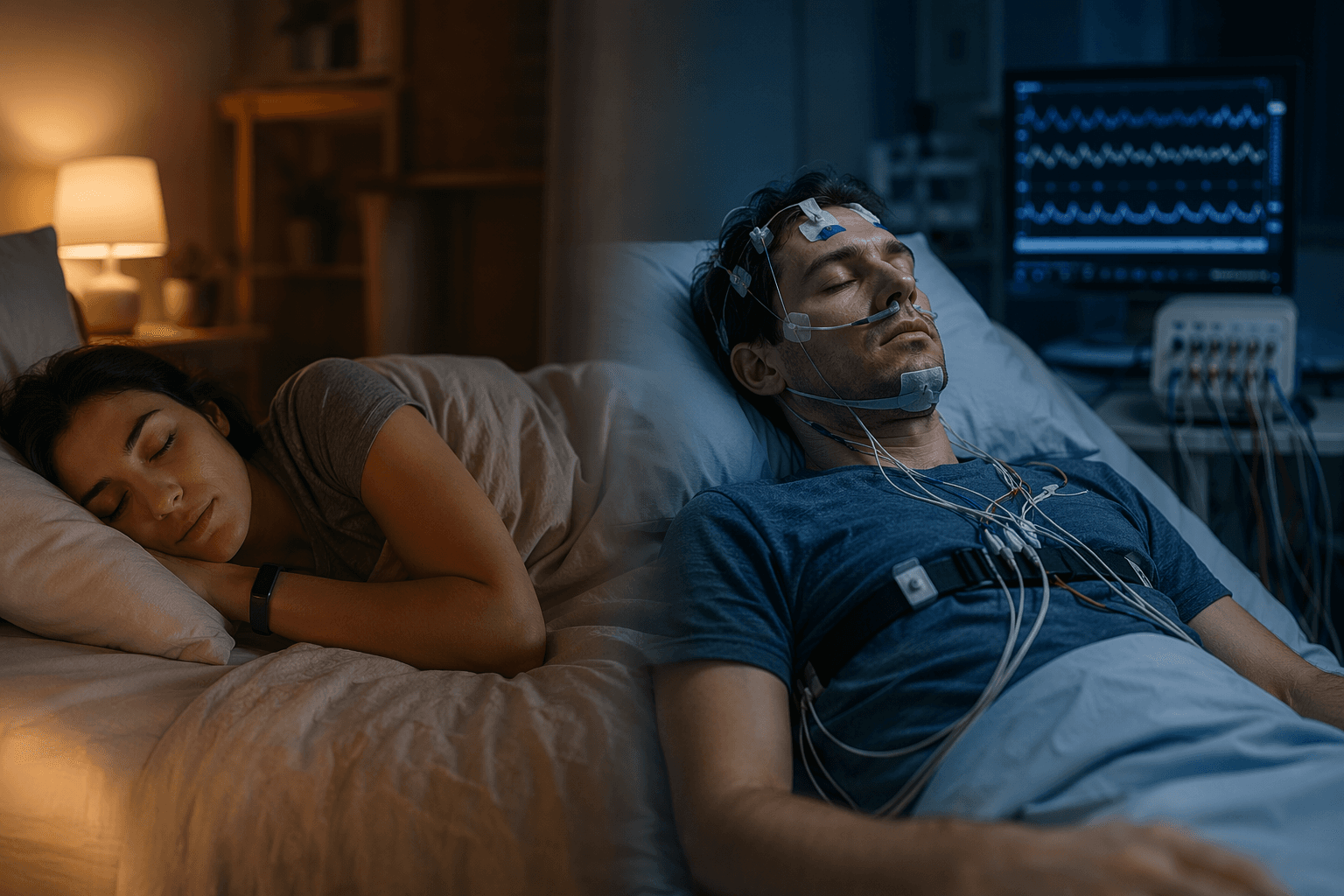 Person sleeping at home with a wrist tracker contrasted with a clinical sleep laboratory subject connected to polysomnography equipment