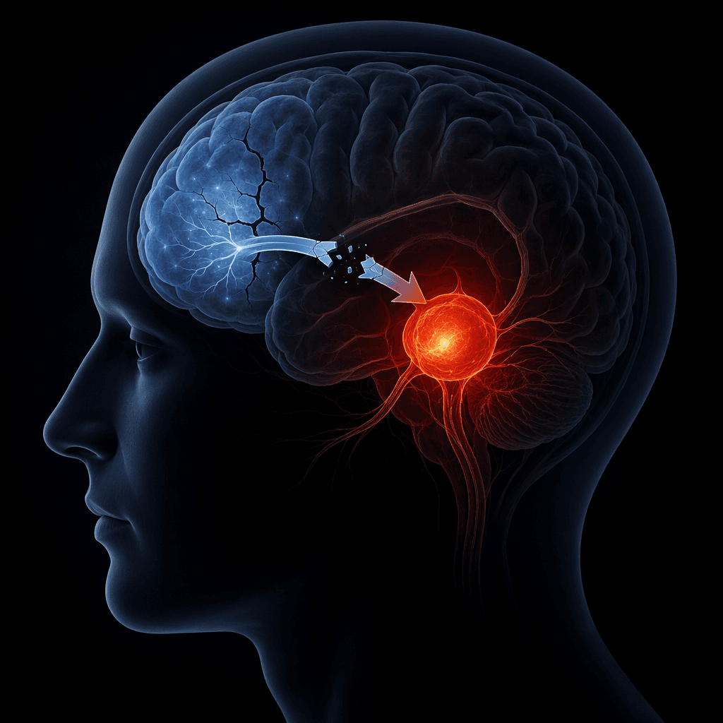 Side-view silhouette of a human head showing two brain regions: the prefrontal cortex dimmed in cool blue with broken connections, and the amygdala glowing bright amber-red, illustrating how sleep deprivation weakens executive control while amplifying emotional reactivity.