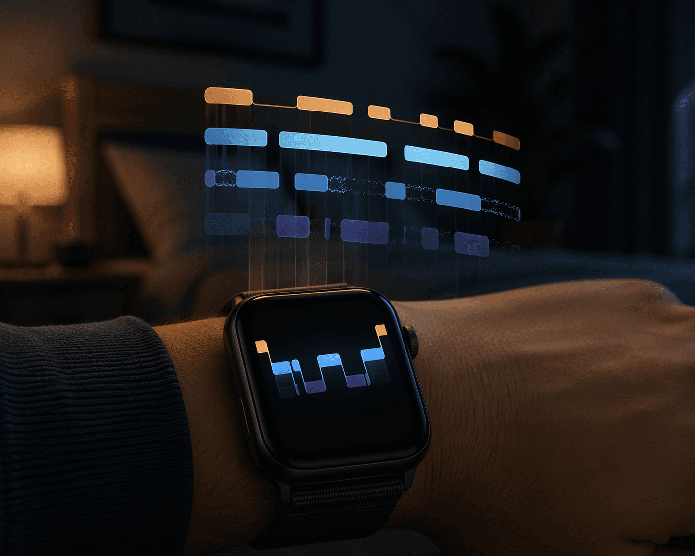 Apple Watch sleep tracking with sleep-stage bands, showing reliable broad sleep detection and less certain deep sleep staging