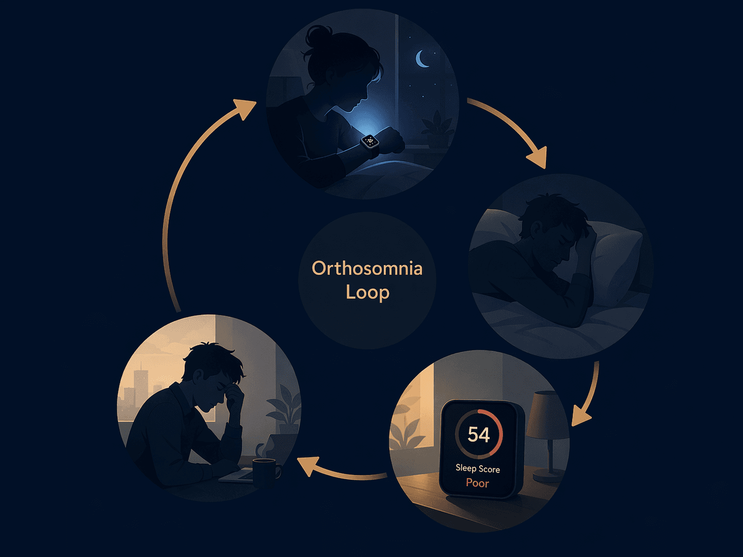 A circular orthosomnia loop showing anxious checking, tense sleep, a low sleep score, and daytime tiredness