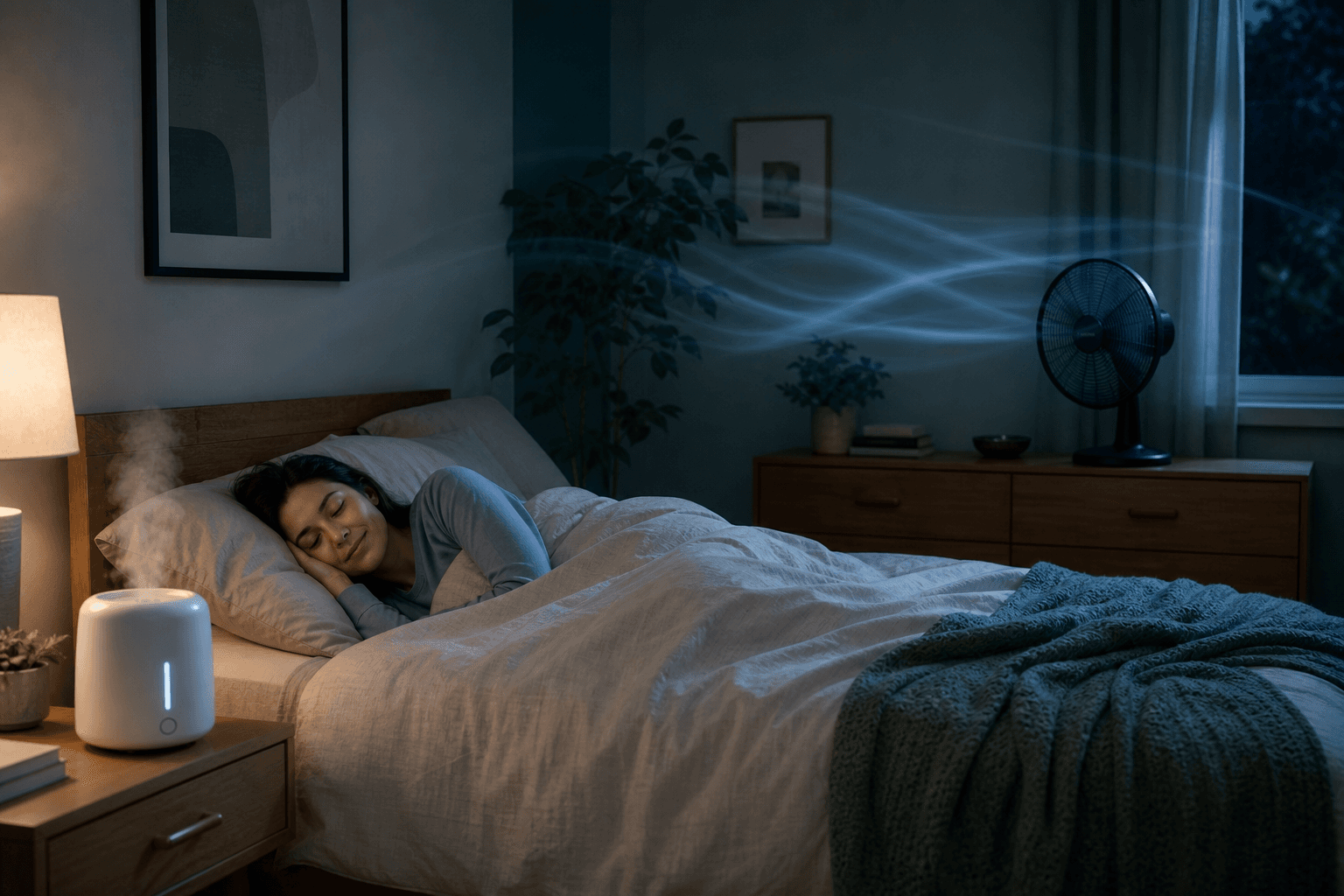 A calm nighttime bedroom scene with a fan positioned on a dresser several feet from the bed, soft blue-green lighting, gentle airflow indicated by diffuse waves, a sleeping person under light bedding, and a small humidifier on the nightstand.