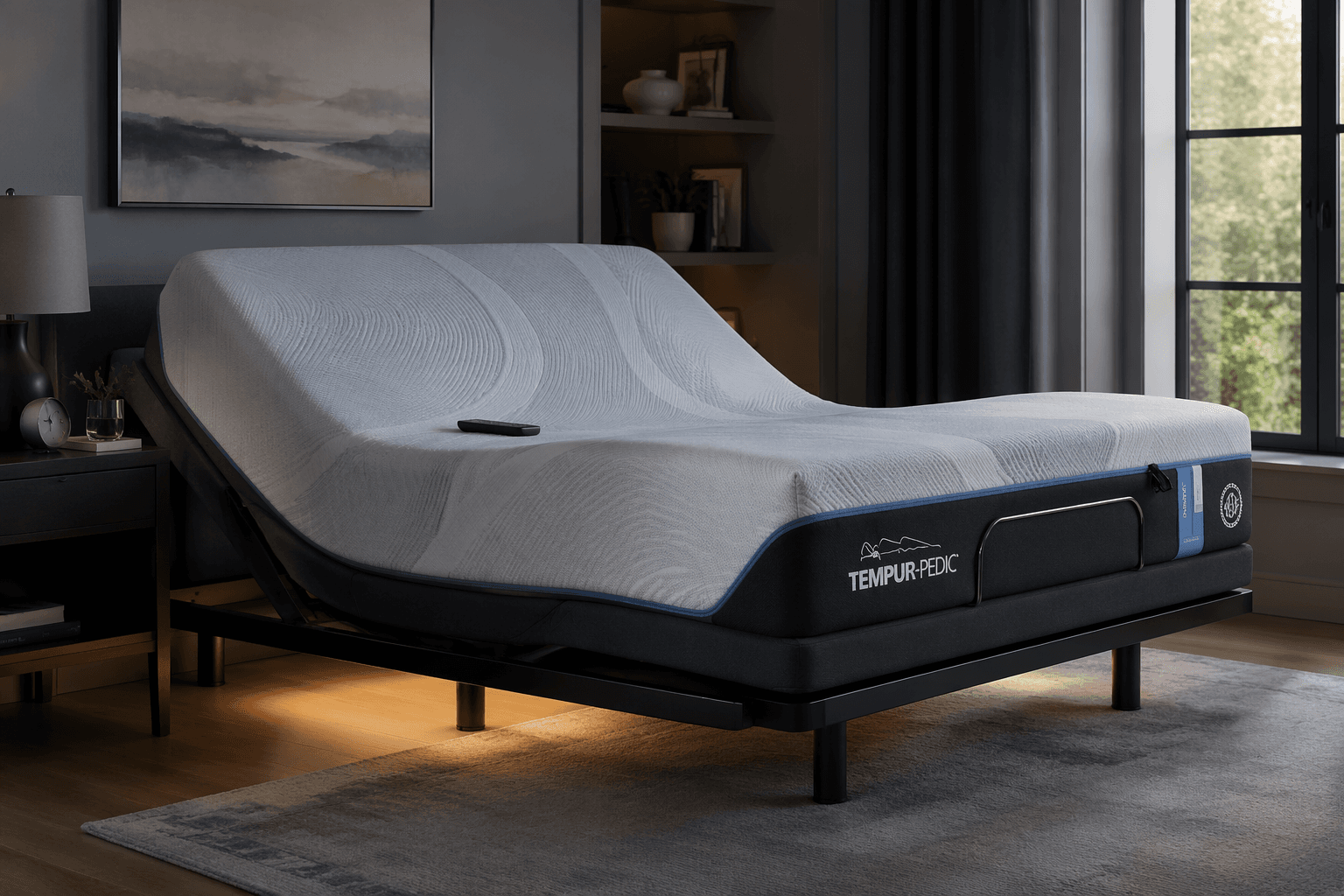 A Tempur-Pedic mattress on an adjustable power base in a partially elevated zero-gravity position, with under-bed lighting and a remote control on the surface.