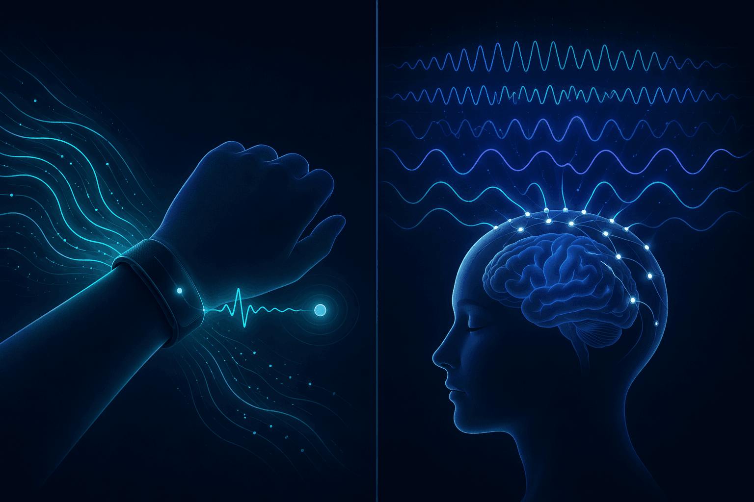 A split illustration comparing wrist movement and pulse signals with head electrodes and brainwave patterns