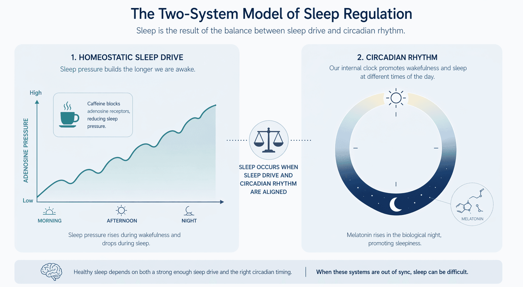 An editorial diagram showing the two-system model: a rising wave curve on the left represents adenosine accumulation (sleep drive), and a circular clock motif on the right with a light-to-dark transition represents the circadian rhythm. A balanced-scale icon sits between them.