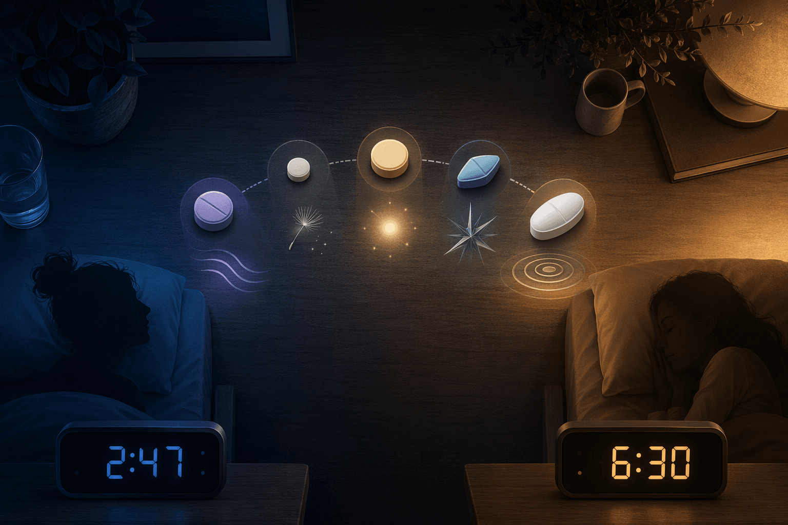 Split bedtime scene showing sleep onset difficulty, sleep maintenance, and five different prescription sleep medication types