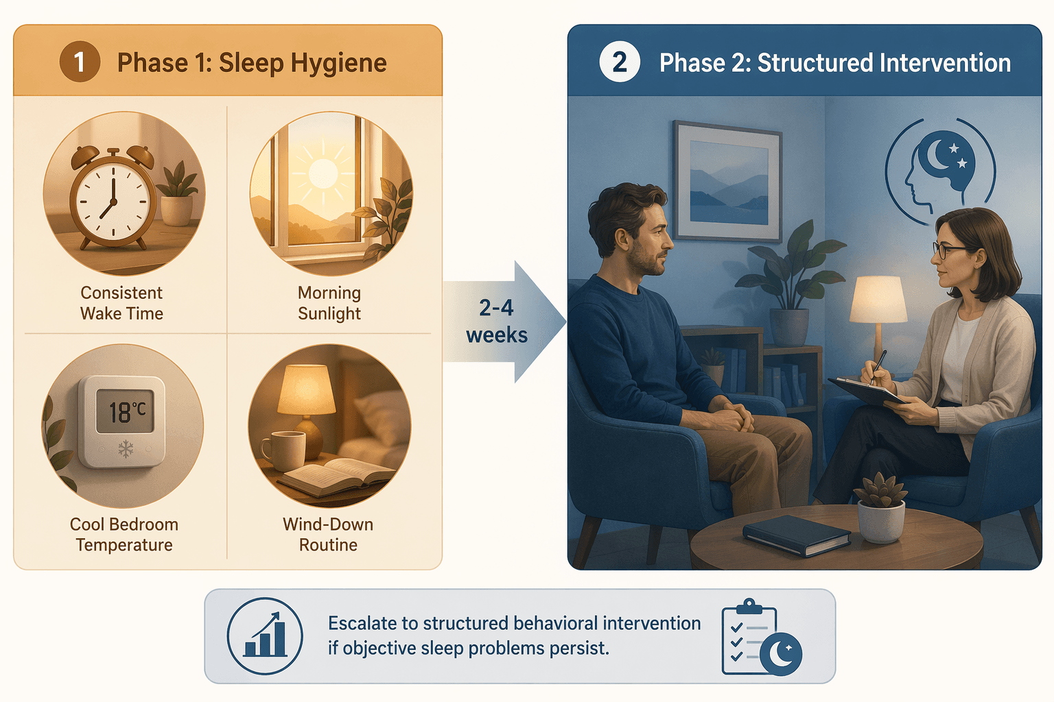 Two-step escalation framework: left panel in warm amber tones shows Phase 1 icons for consistent wake time, morning sunlight, cool bedroom, and wind-down routine; right panel in cool blue tones shows Phase 2 with a calm therapy/intervention scene; a subtle arrow bridge labeled 2-4 weeks connects the phases.