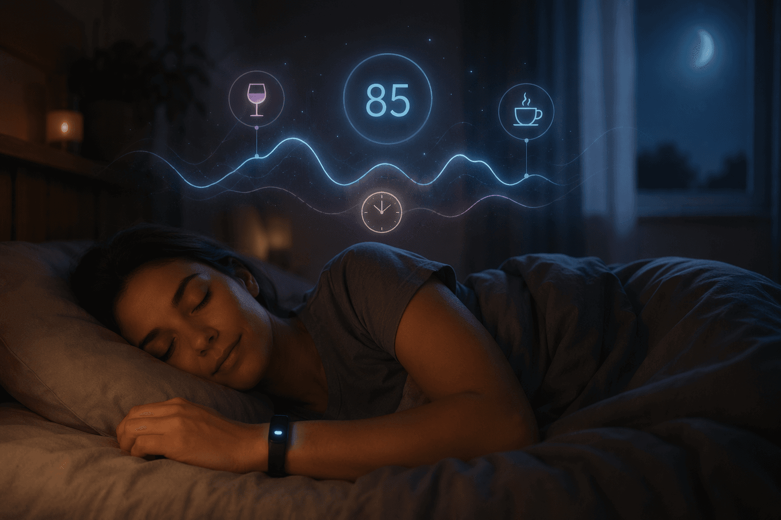 A sleeping person wearing a fitness tracker with floating sleep data, a wine glass, coffee cup, and clock above the bed