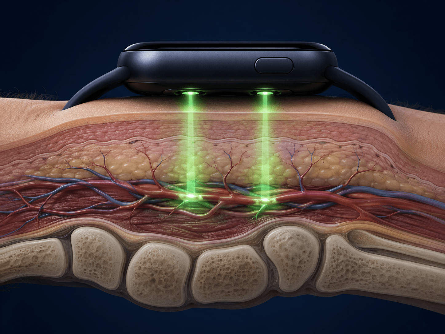 Smartwatch LEDs measuring blood flow in a wrist cross-section