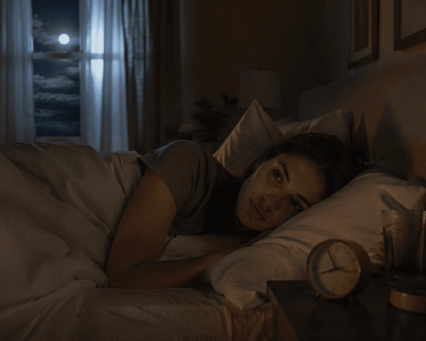 A person lying awake in bed at night with a late clock on the nightstand and soft moonlight through the curtains.