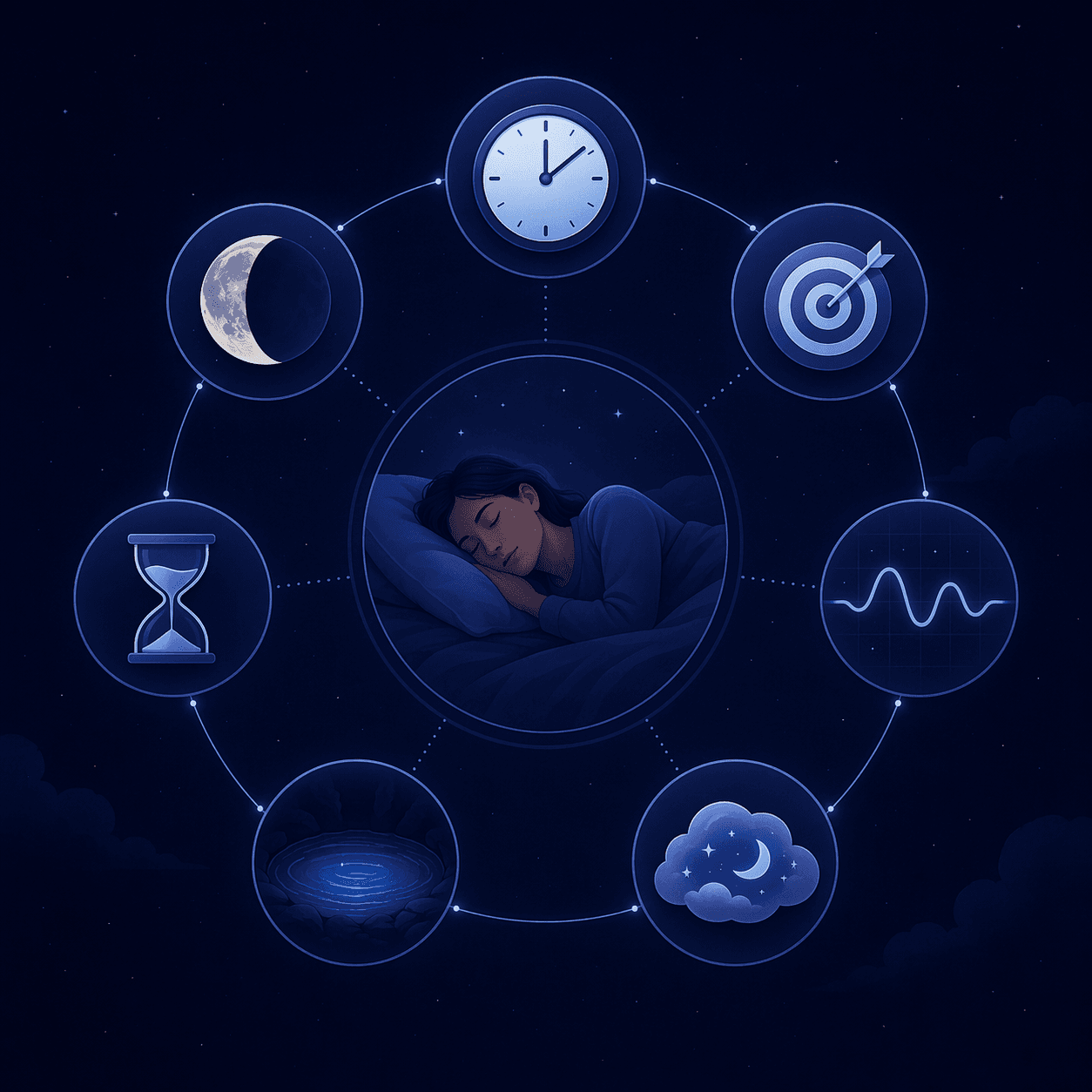A radial diagram of seven sleep metrics around a central sleep score.
