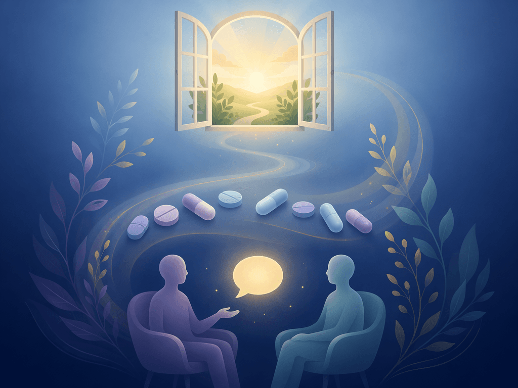 A gentle upward treatment pathway illustration on a deep navy-to-light-blue gradient background. At the bottom, two soft abstract silhouettes face each other with a glowing conversation bubble. In the middle, small lavender and blue pill shapes arranged in a calm arc. At the top, a glowing open window symbolizing relief.