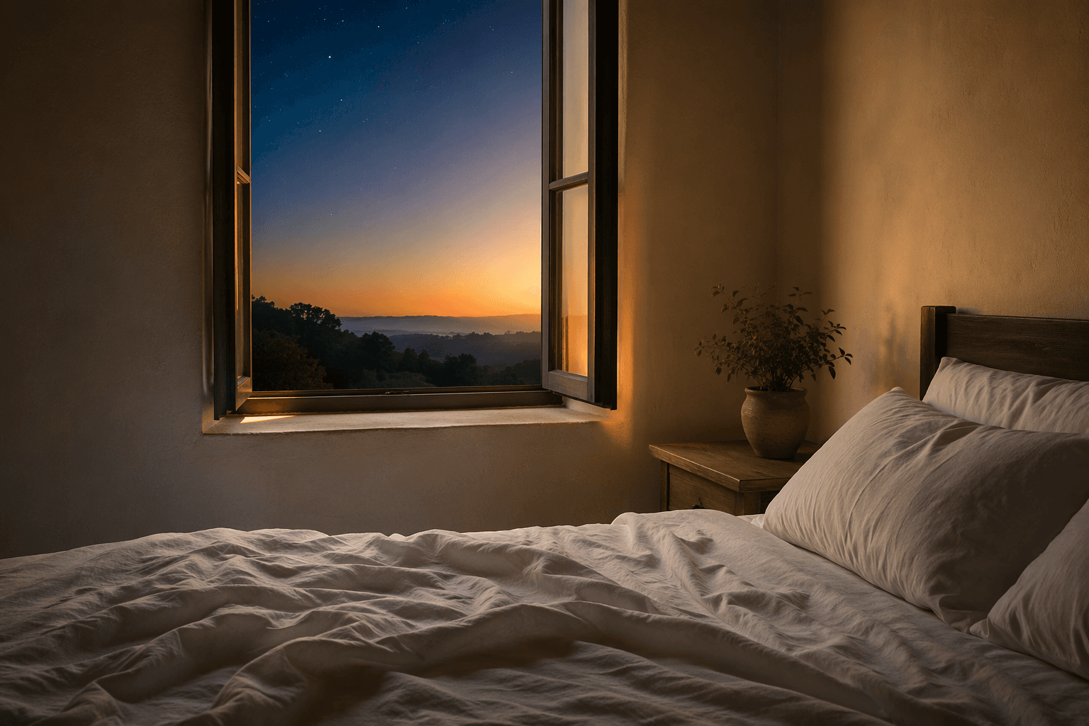 A calm bedroom at dawn with crisp white linen on an empty bed, a small potted plant on a wooden nightstand, and an open window showing the transition from night to dawn with soft golden light entering the room, no electronics visible