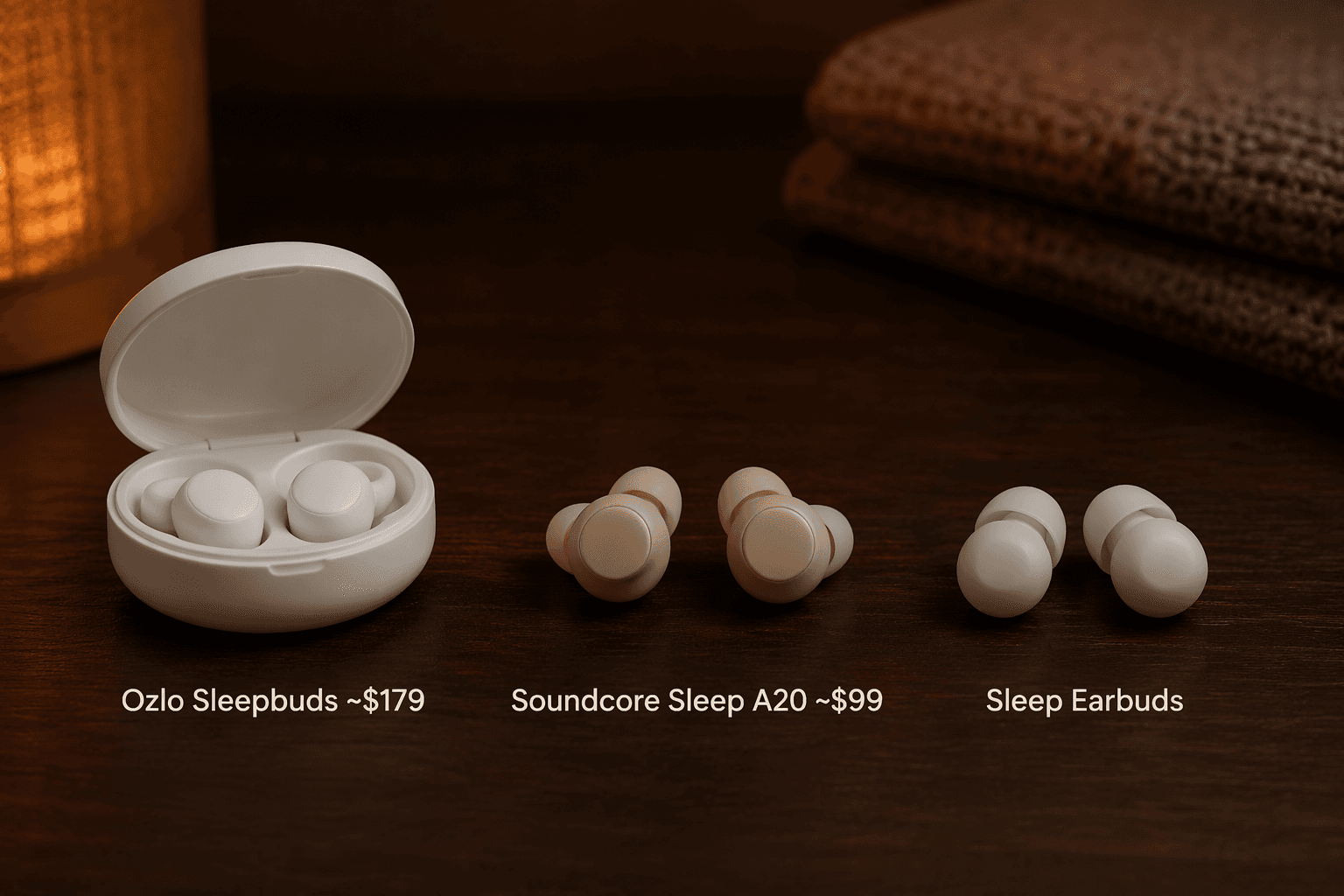 Three small sleep earbuds displayed side by side on a dark wood surface under soft warm amber lighting, with small labels beneath reading 'Ozlo Sleepbuds ~$179', 'Soundcore Sleep A20 ~$99', and 'Sleep Earbuds', representing alternative products to the discontinued Bose Sleepbuds.