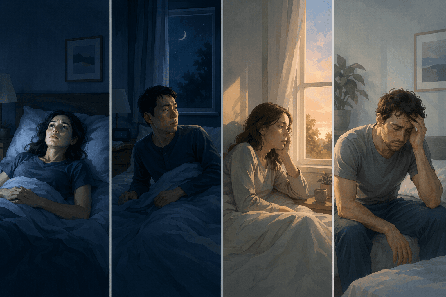 Four sleep scenarios shown side by side, from lying awake to waking unrefreshed.