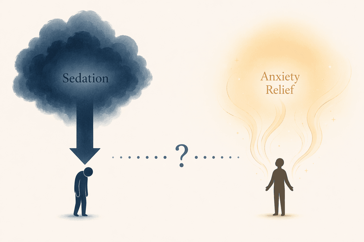 Diagram contrasting sedation with anxiety relief as two different pathways