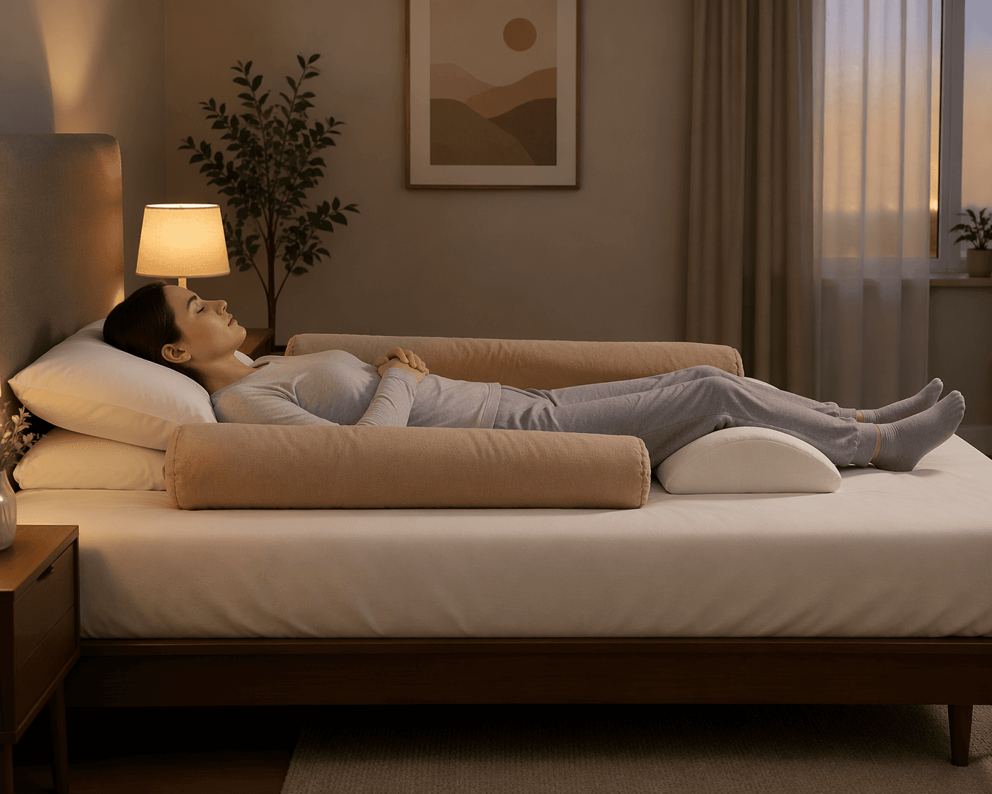 A person sleeping on their back in a modern bedroom with two elongated body pillows or rolled blankets placed on either side as barriers to rolling over.