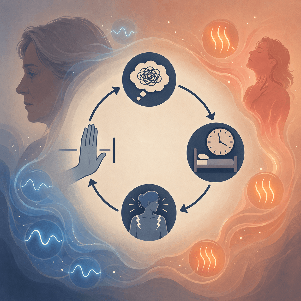 Circular insomnia cycle showing worried thoughts, excessive time in bed, hyperarousal, and hormonal symptoms, with CBT-I interrupting the loop