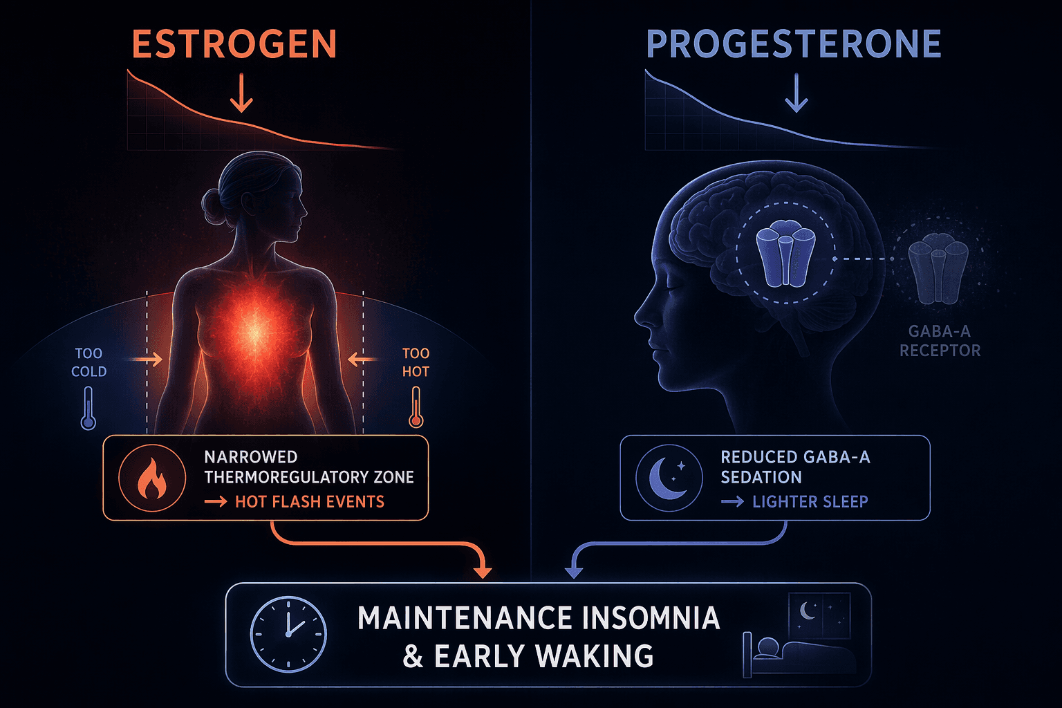Diagram showing estrogen decline and progesterone decline converging on maintenance insomnia and early waking