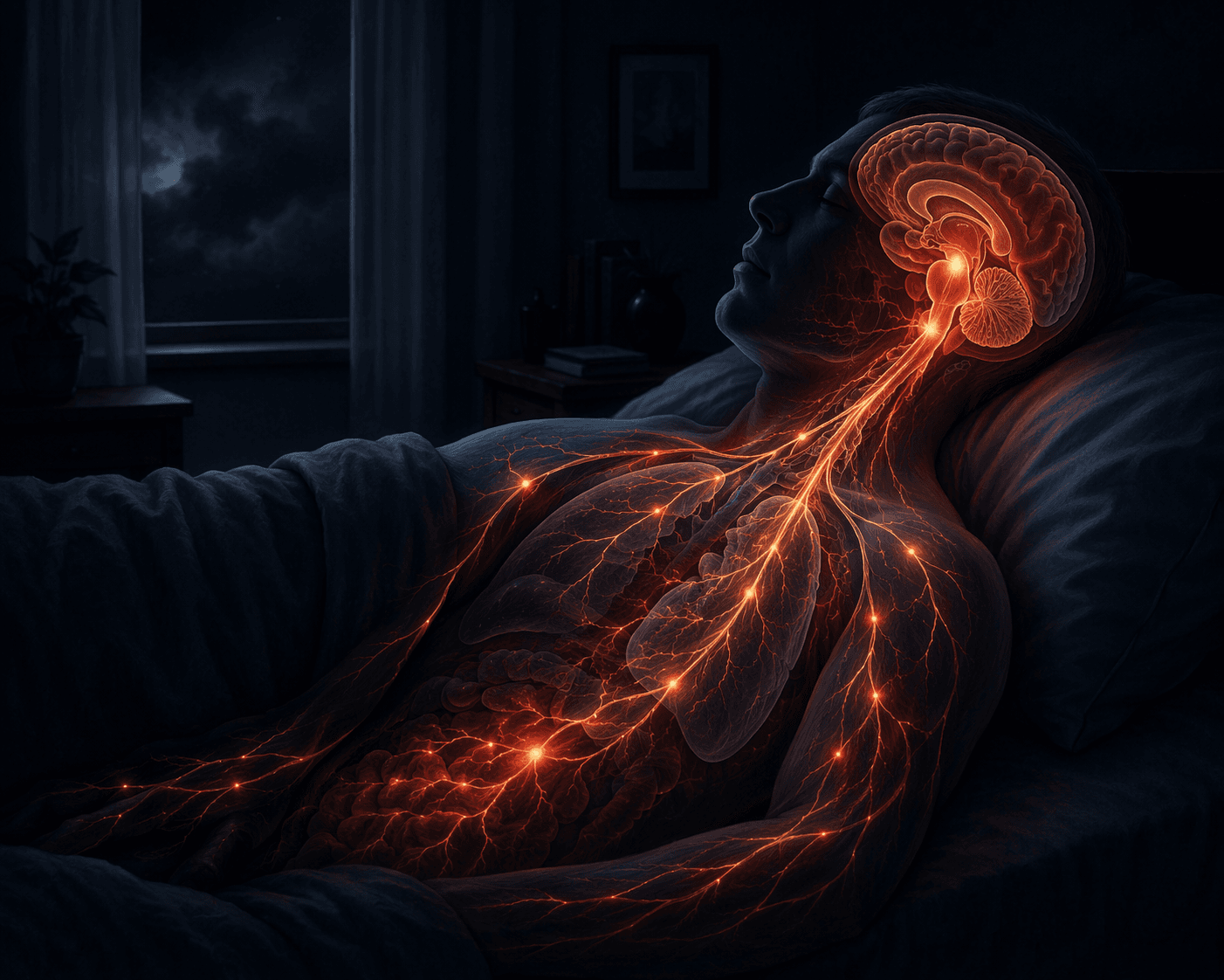 A person lies in a dark bedroom while brainstem arousal centers glow inside the brain and pathways remain active through the body.