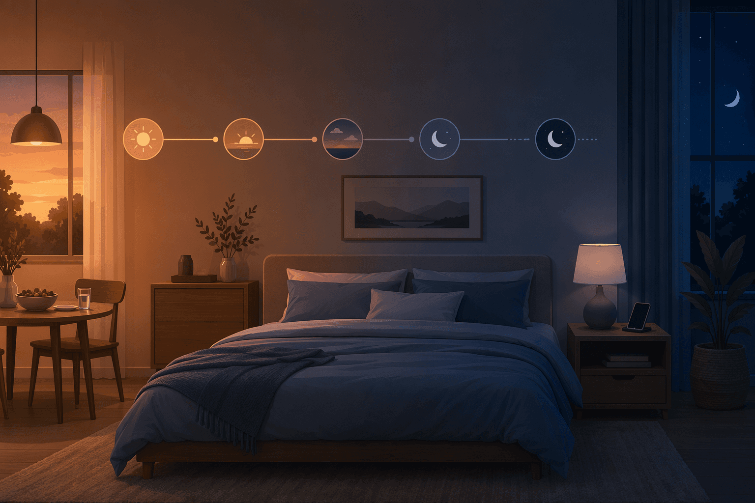 A warm-toned editorial bedroom illustration at twilight with a dining area fading into shadow on the left, a dimmed phone on a nightstand on the right, and a bed with cool blue bedding as the central focal point, conveying transition from evening activity to deep rest