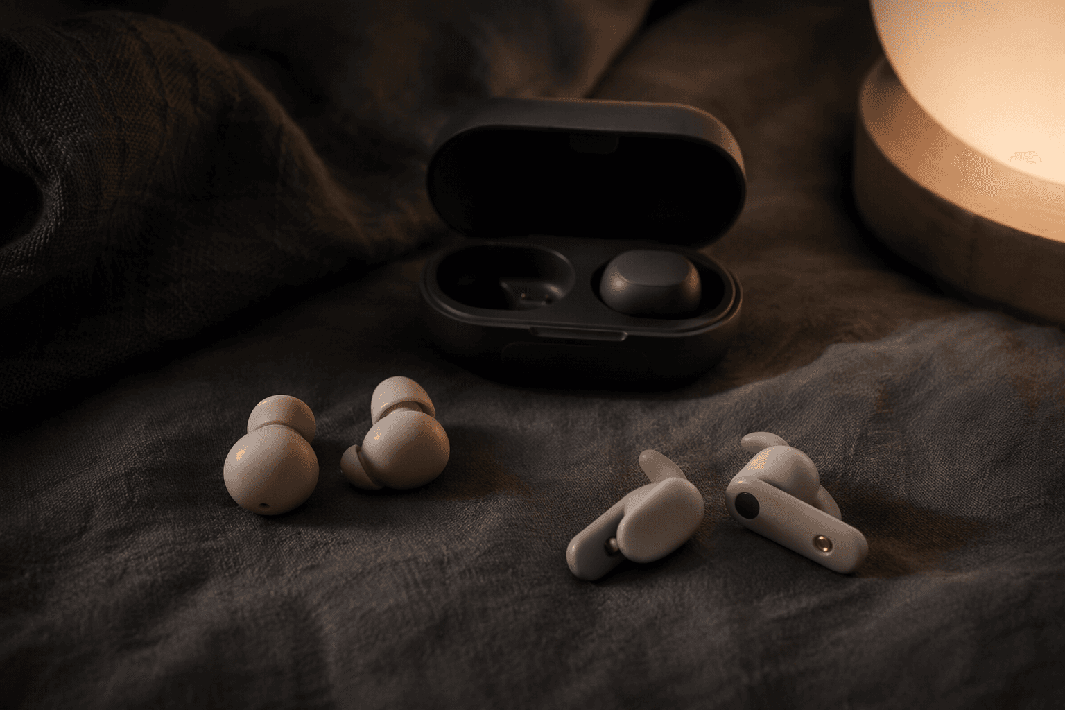 Three different sleep earbuds on a dark linen bedsheet in warm bedside light