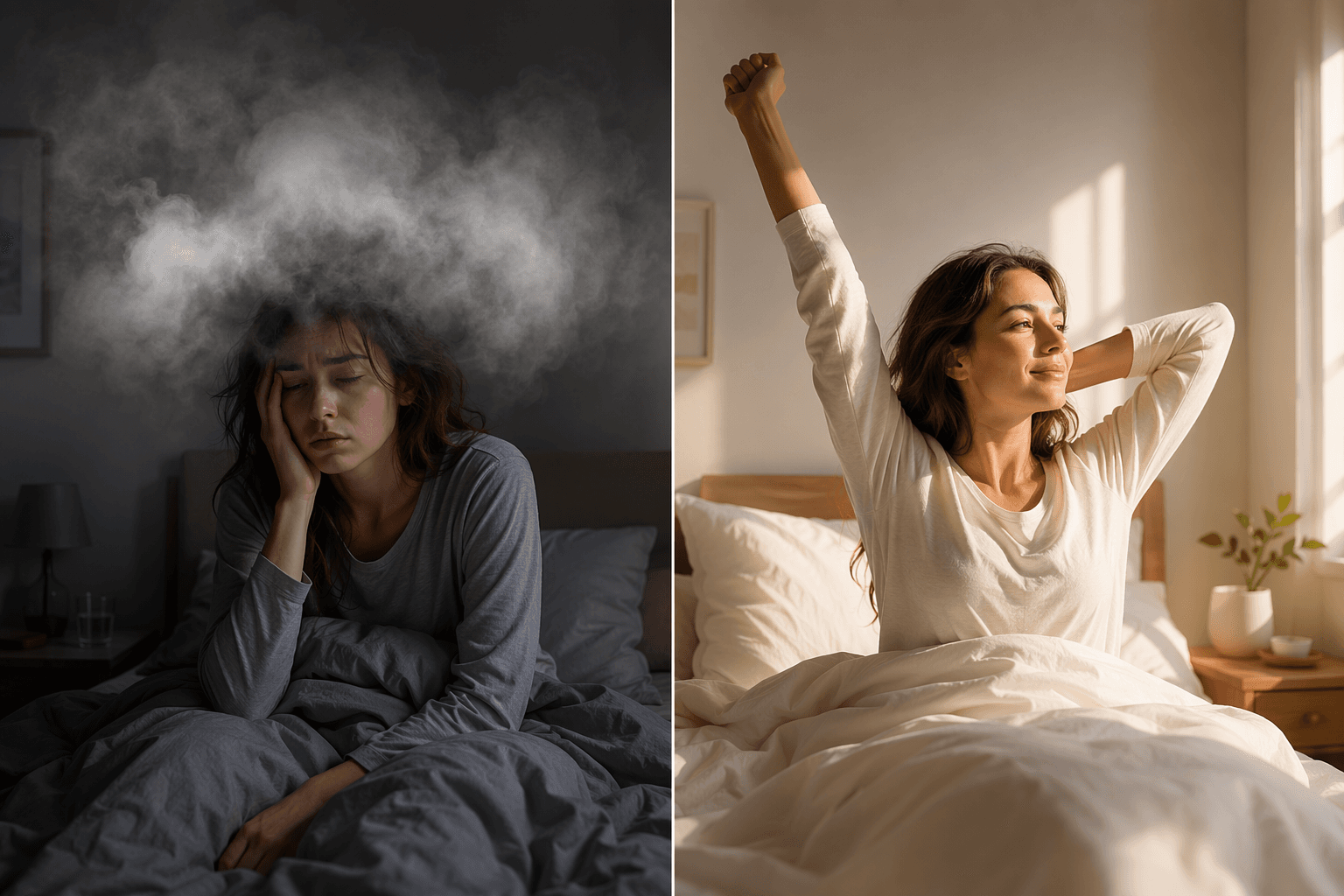 A drowsy person surrounded by grey fog beside an alert person in warm light.