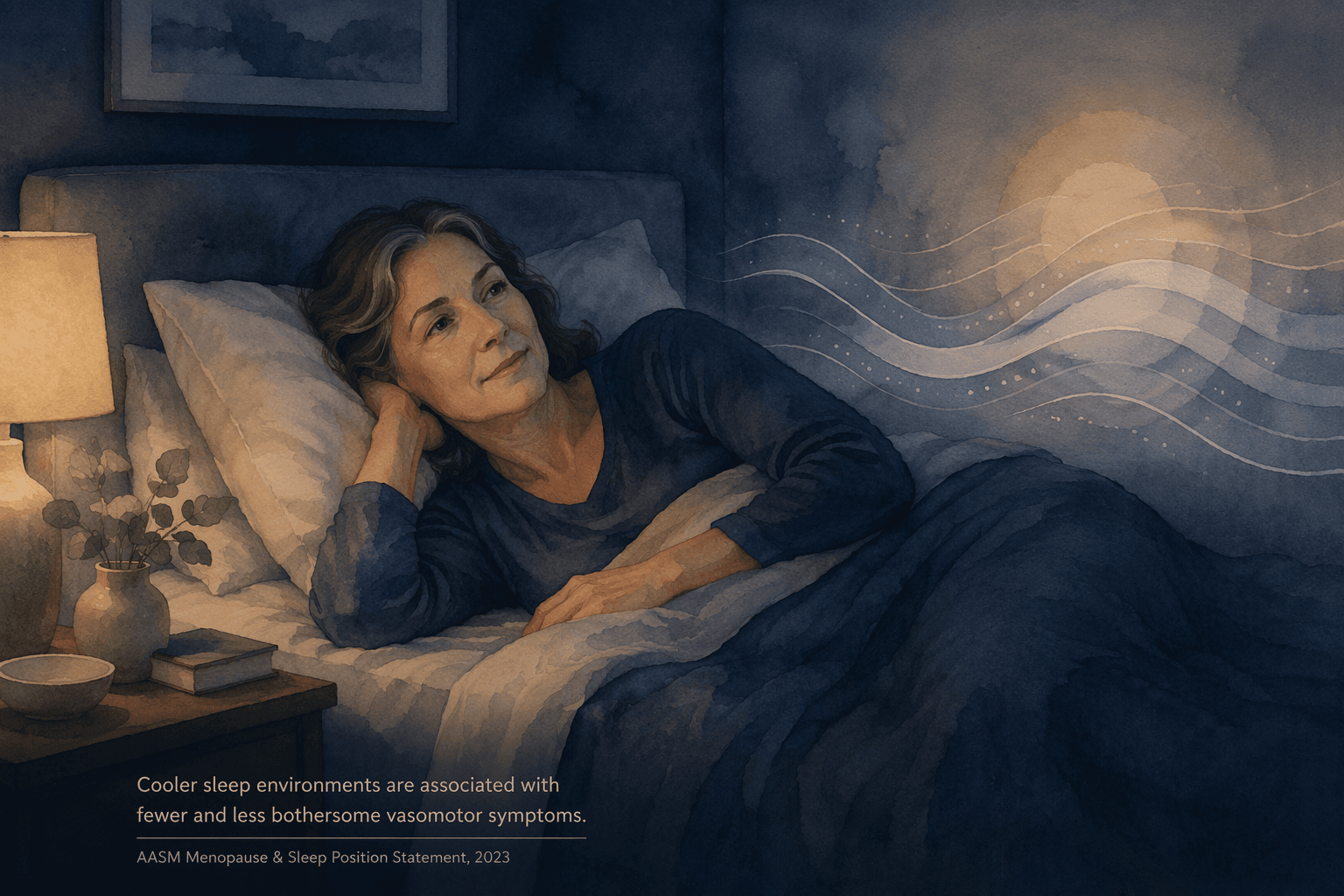 A woman in her late 40s or early 50s lies in bed in a darkened bedroom with deep blue and warm neutral tones, partially awake with a calm, contemplative expression. A soft circular warm glow near her suggests temperature fluctuation.