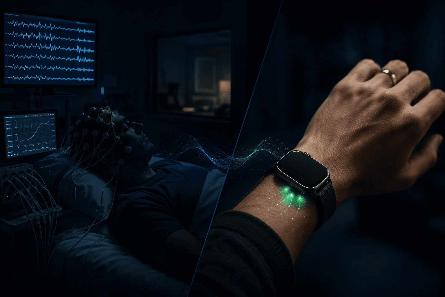 A split-scene showing a sleep laboratory on one side and consumer wearables on the other, contrasting polysomnography with ring and smartwatch sleep tracking.