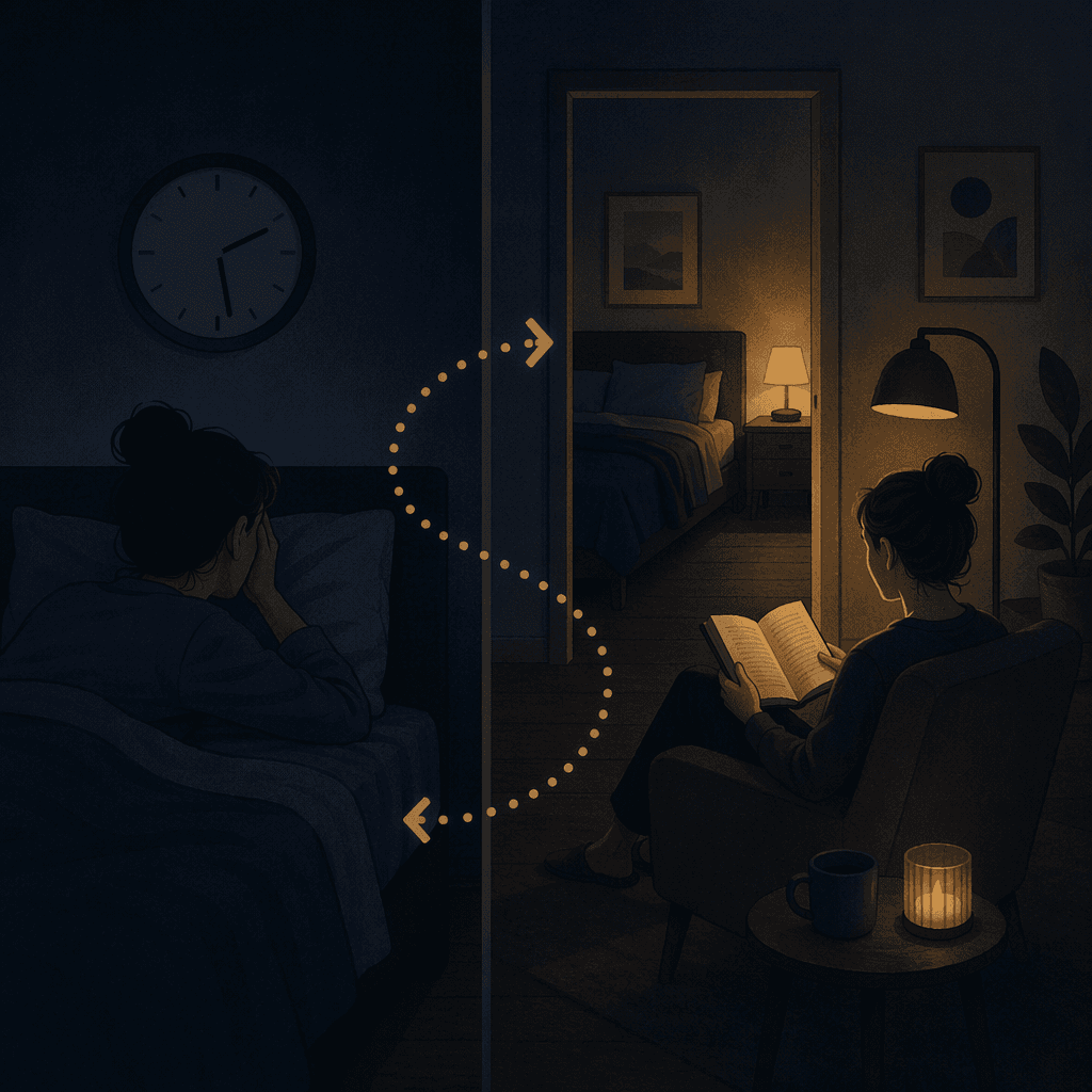 Person moving from bed to a dim living room after lying awake and watching the clock