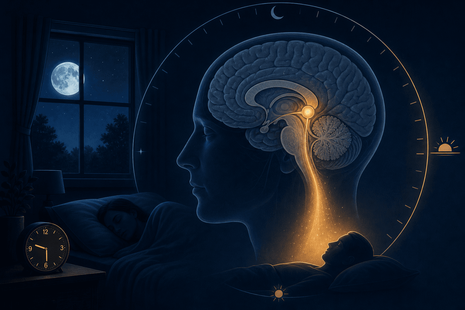 Split illustration showing a darkened bedroom at night on the left and a brain profile with the pineal gland highlighted in amber on the right, with a gradient flowing toward a sleeping figure.