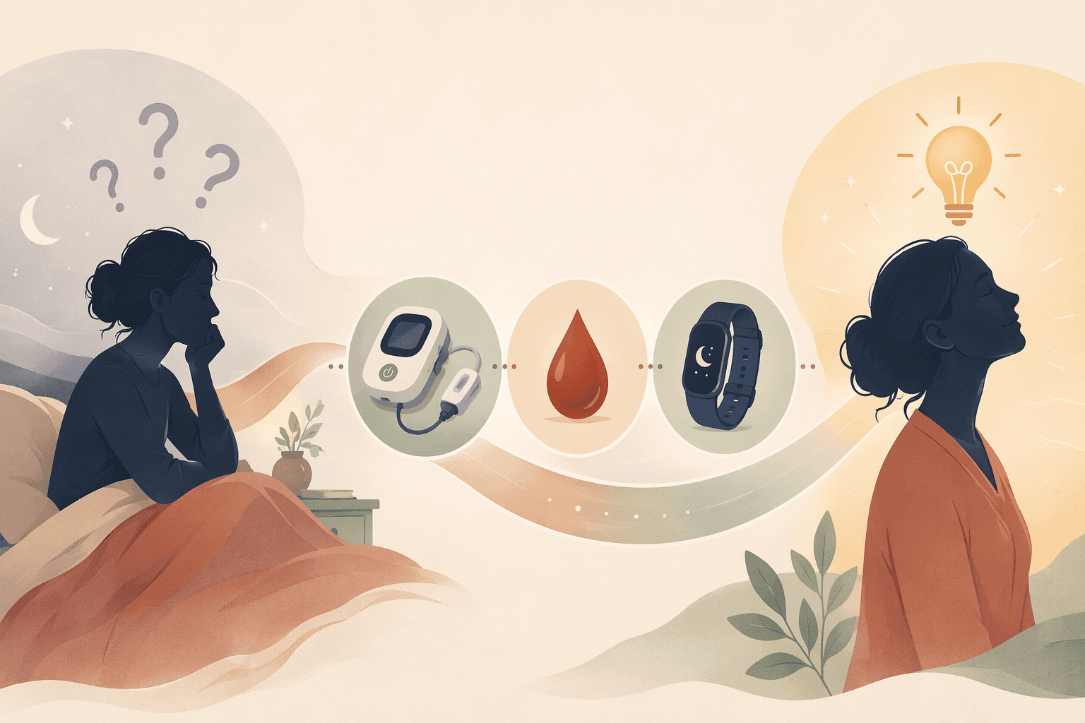 A left-to-right flowing editorial illustration showing a diagnostic pathway: on the left, a woman silhouette in bed with gray question marks above her head; in the center, three icons for home sleep testing device, blood drop for ferritin test, and wrist actigraphy device in warm muted tones; on the right, the same woman silhouette with a soft gold clarity symbol above her head.