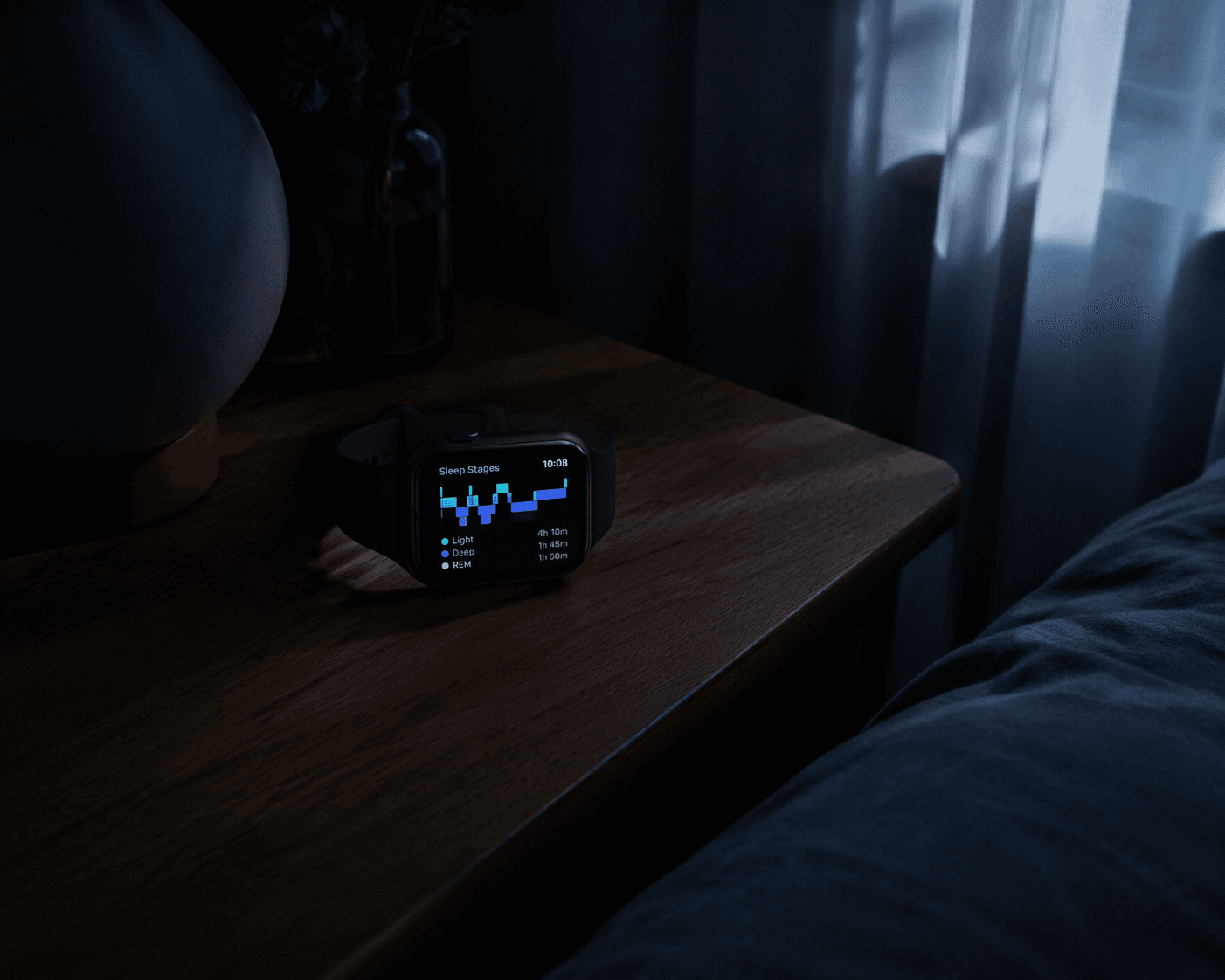 A dark bedroom viewed from above with a smartwatch on a wooden bedside table. The watch screen glows softly showing a sleep-stage graph with green, blue, and purple bars.