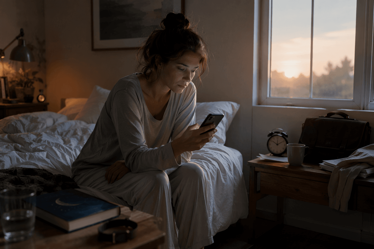 A person awake on the edge of a bed at dawn with a phone, sleep book, tracker, work bag, and coffee cup nearby