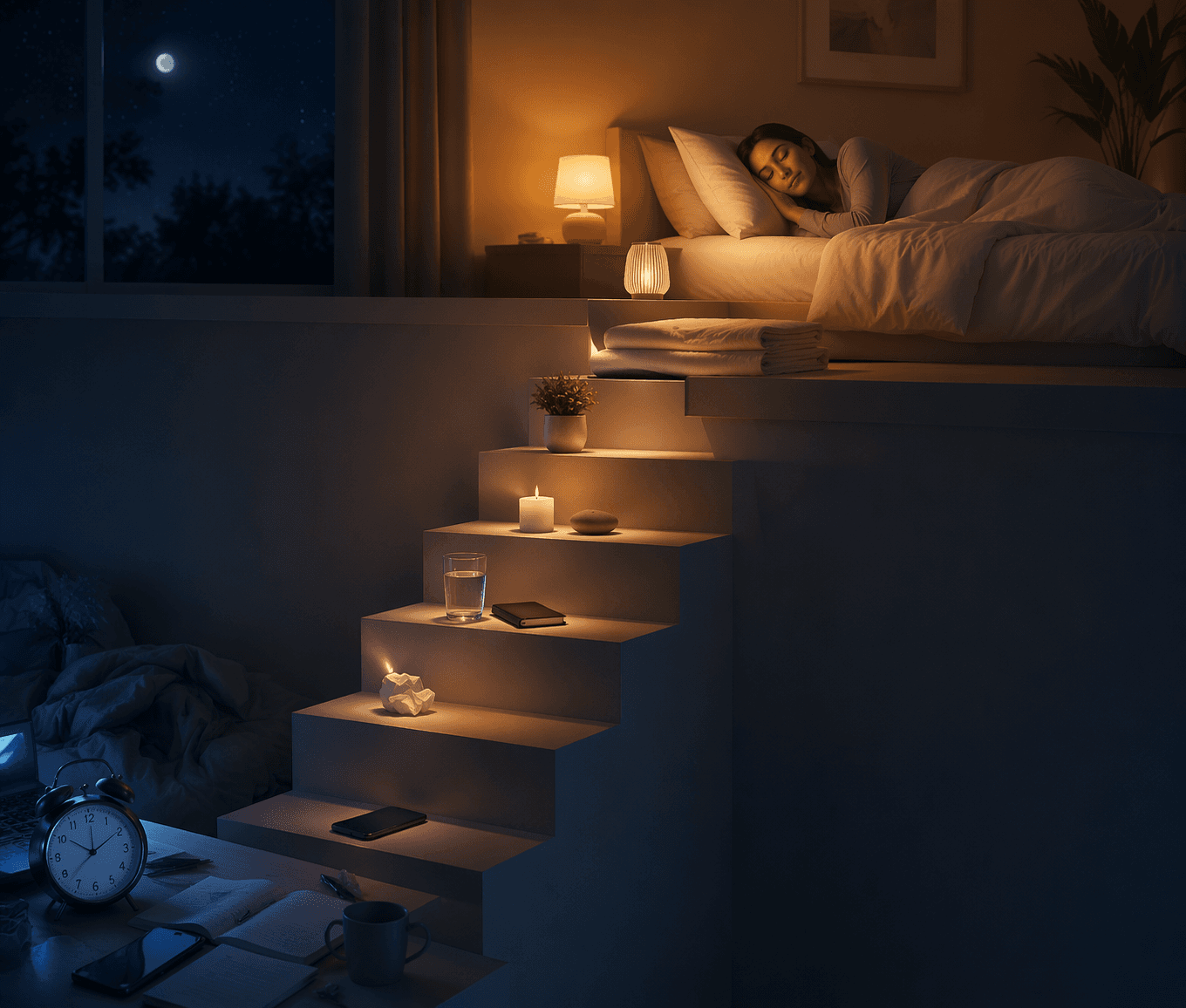 A bedroom scene showing a progression from restlessness and dim blue light to warmer tones and peaceful sleep
