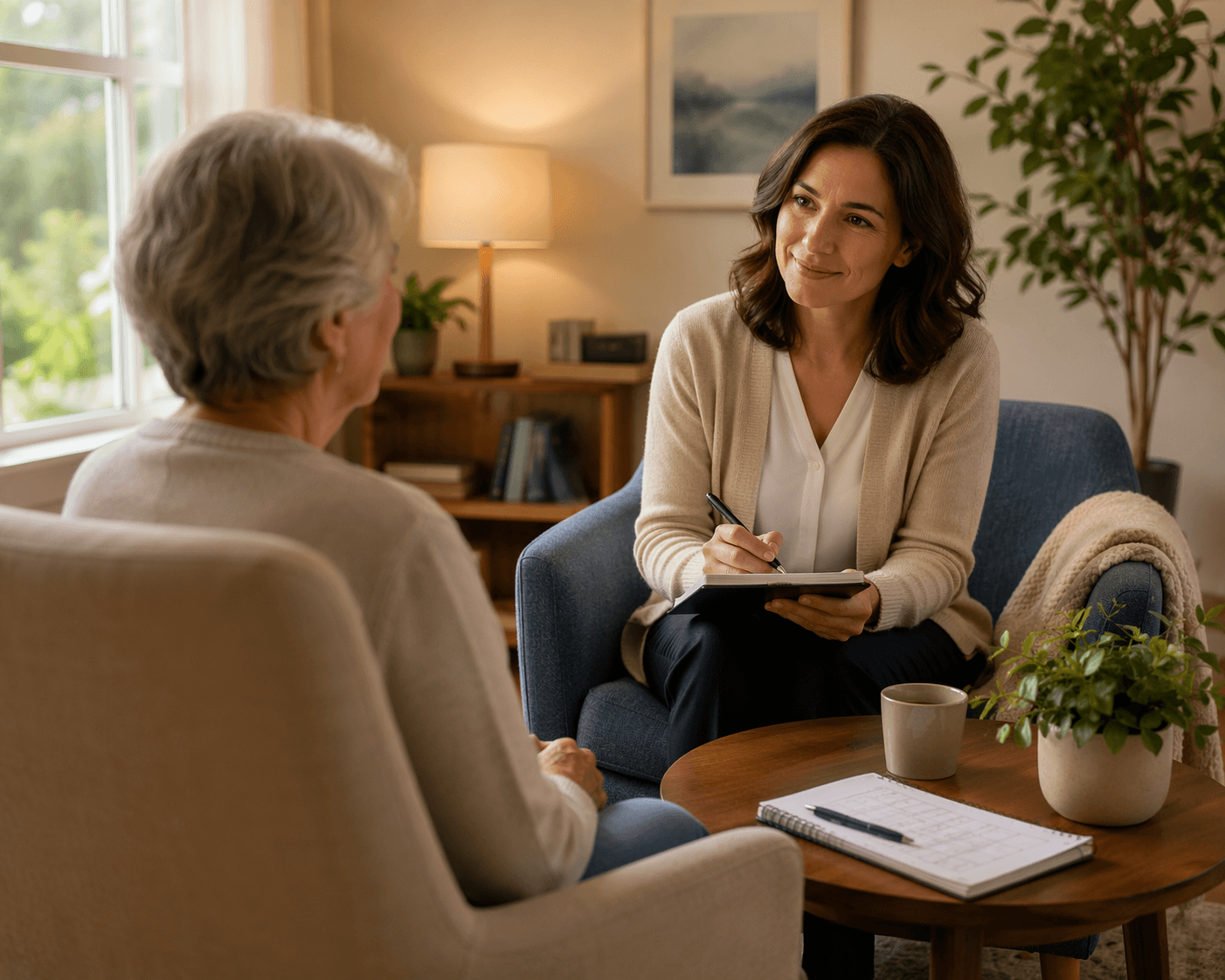 Older adult speaking with a clinician beside a sleep diary and pen