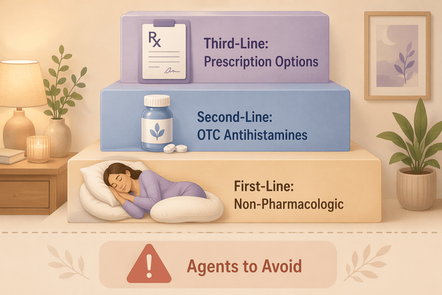 A 3-step ascending editorial infographic ladder showing a pregnancy insomnia treatment hierarchy: first-line non-pharmacologic, second-line OTC antihistamines, third-line prescription options, and a separated lower caution zone labeled 'Agents to Avoid'.