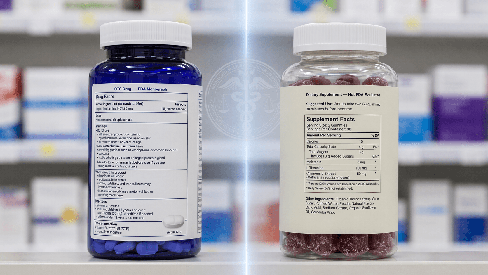 Two sleep aid bottles on a pharmacy shelf separated by a faint divide, one styled like a drug and one like a gummy supplement