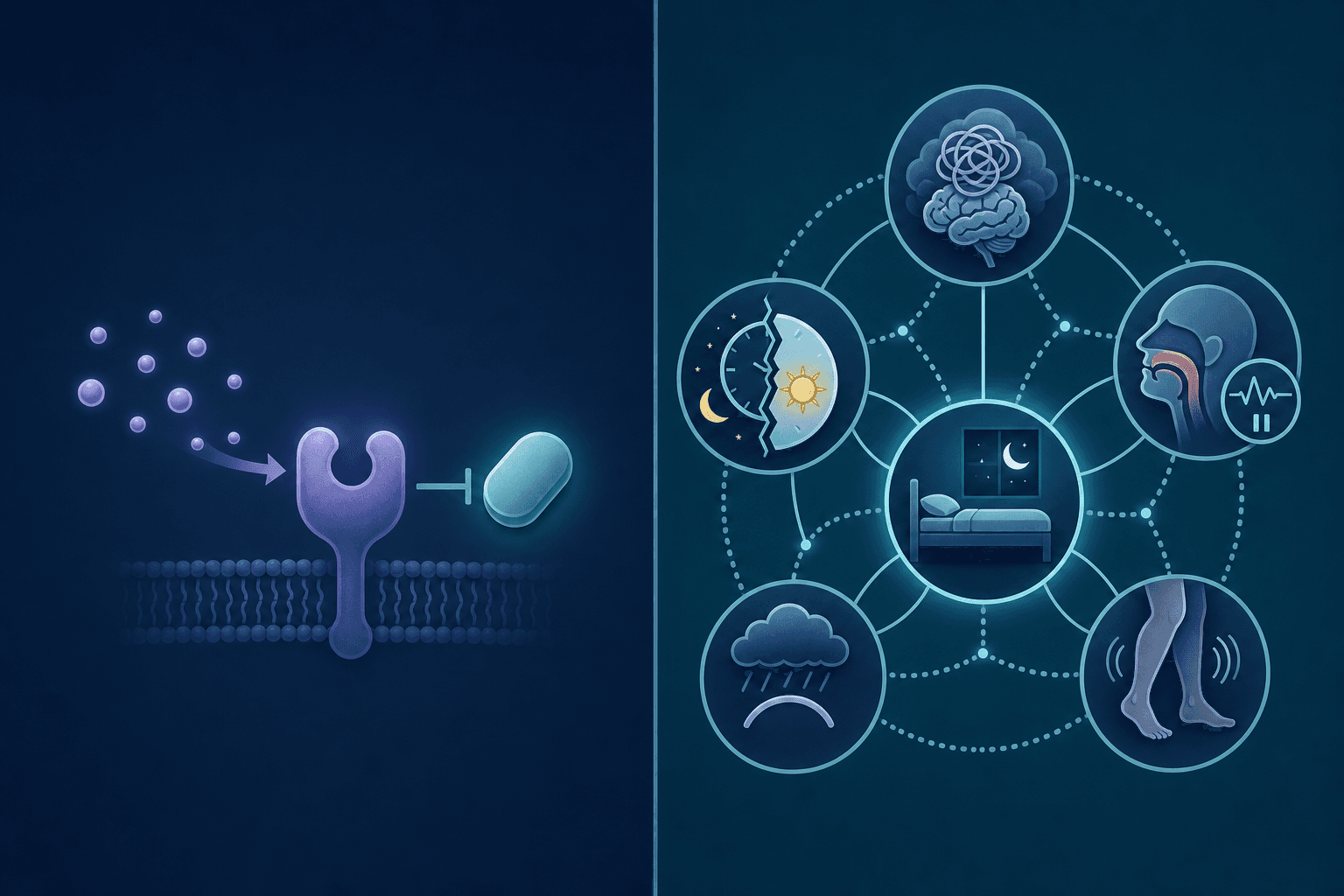 Medical split-diagram comparing what doxylamine treats (a single histamine receptor being blocked) on the left versus the real causes of chronic insomnia (anxiety, sleep apnea, circadian disruption, depression, restless legs represented as interconnected icons) on the right.
