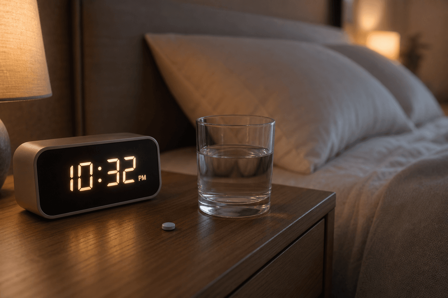 A single pale blue tablet on a wooden nightstand beside a glass of water and a digital clock showing 10:32 PM, in a softly lit adult bedroom.