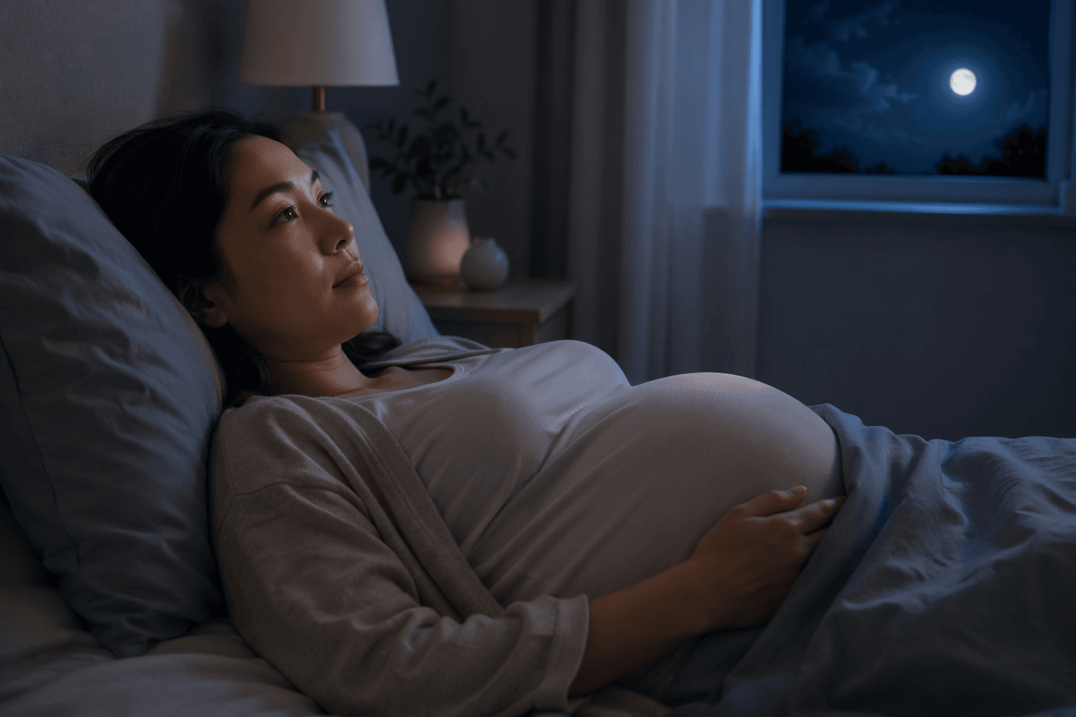 Pregnant person lying awake in bed at night in dim moonlight