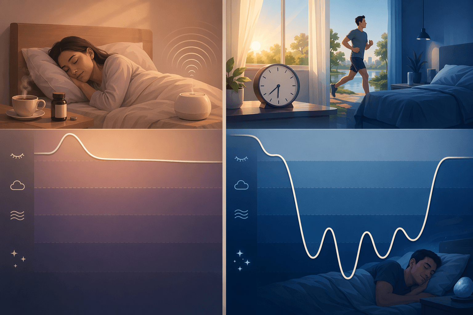 Split illustration comparing sleep aids like tea and melatonin with behavioral deep sleep supports like sunlight, exercise, and a cool bedroom