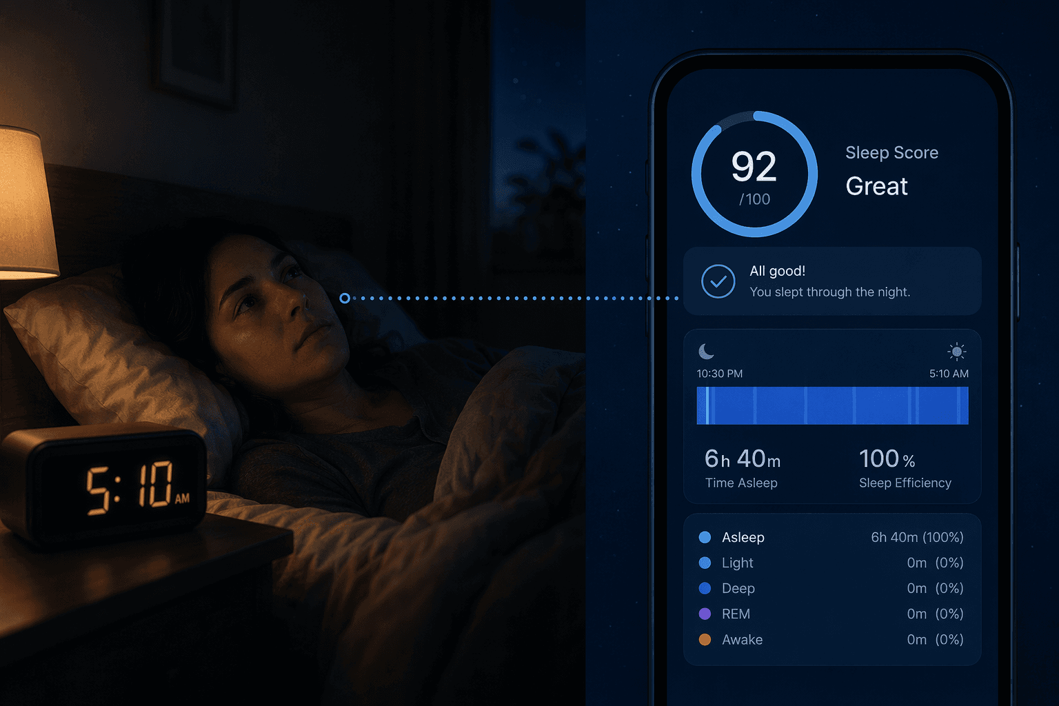 Split-view illustration of a person lying awake while a phone dashboard counts the same time as sleep