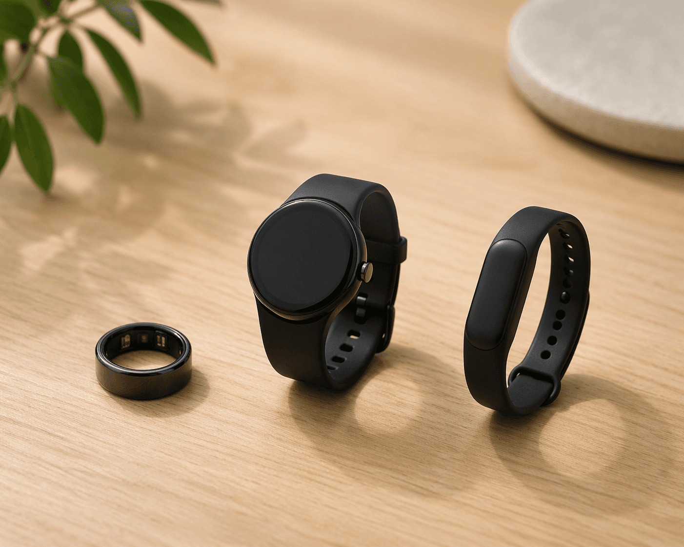 Three wearable devices — a smart ring, a smartwatch, and a slim screenless band — arranged on a wooden surface in a deliberate comparison layout.