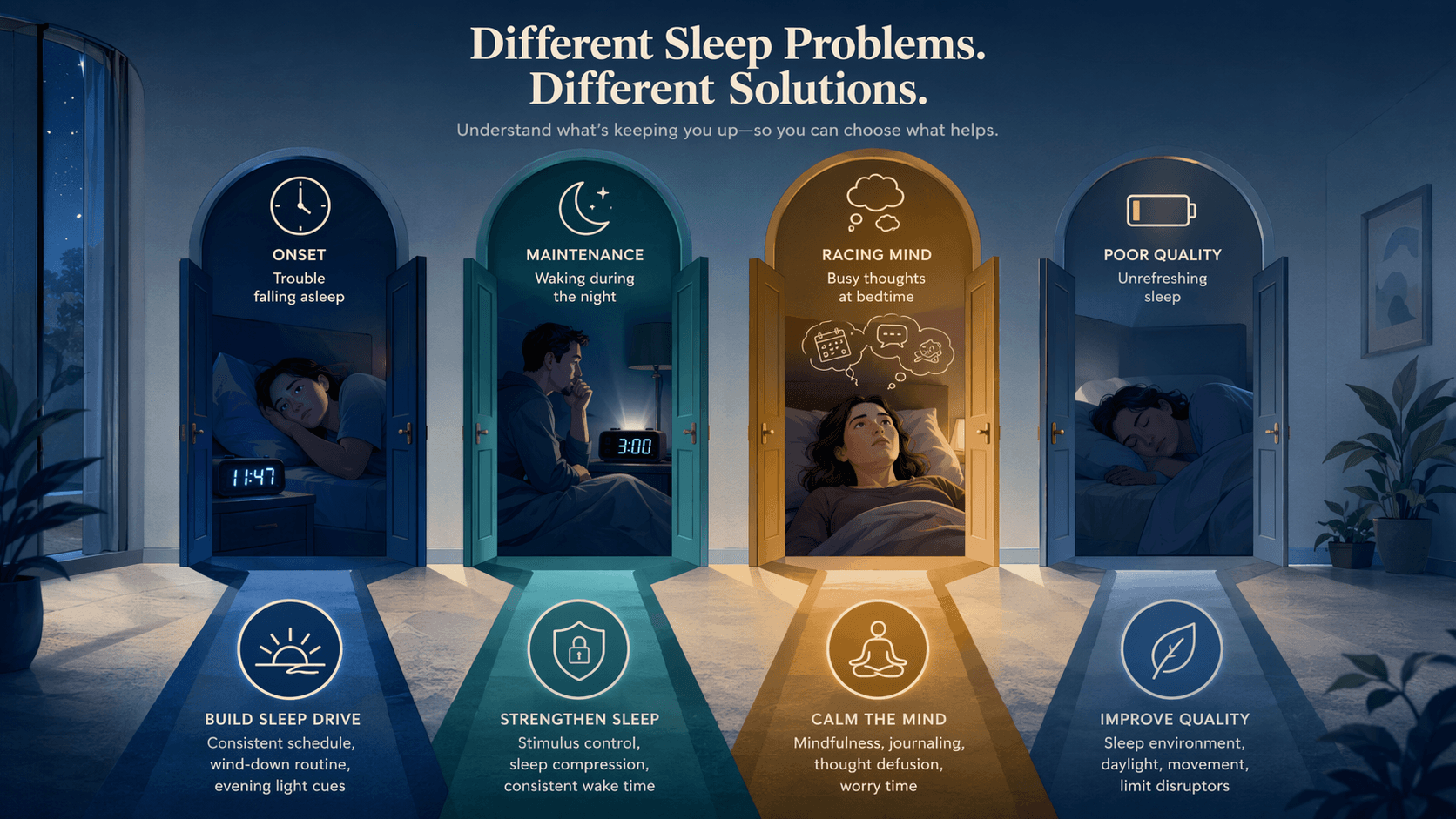 Editorial illustration showing four sleep problem pathways leading to matched interventions.