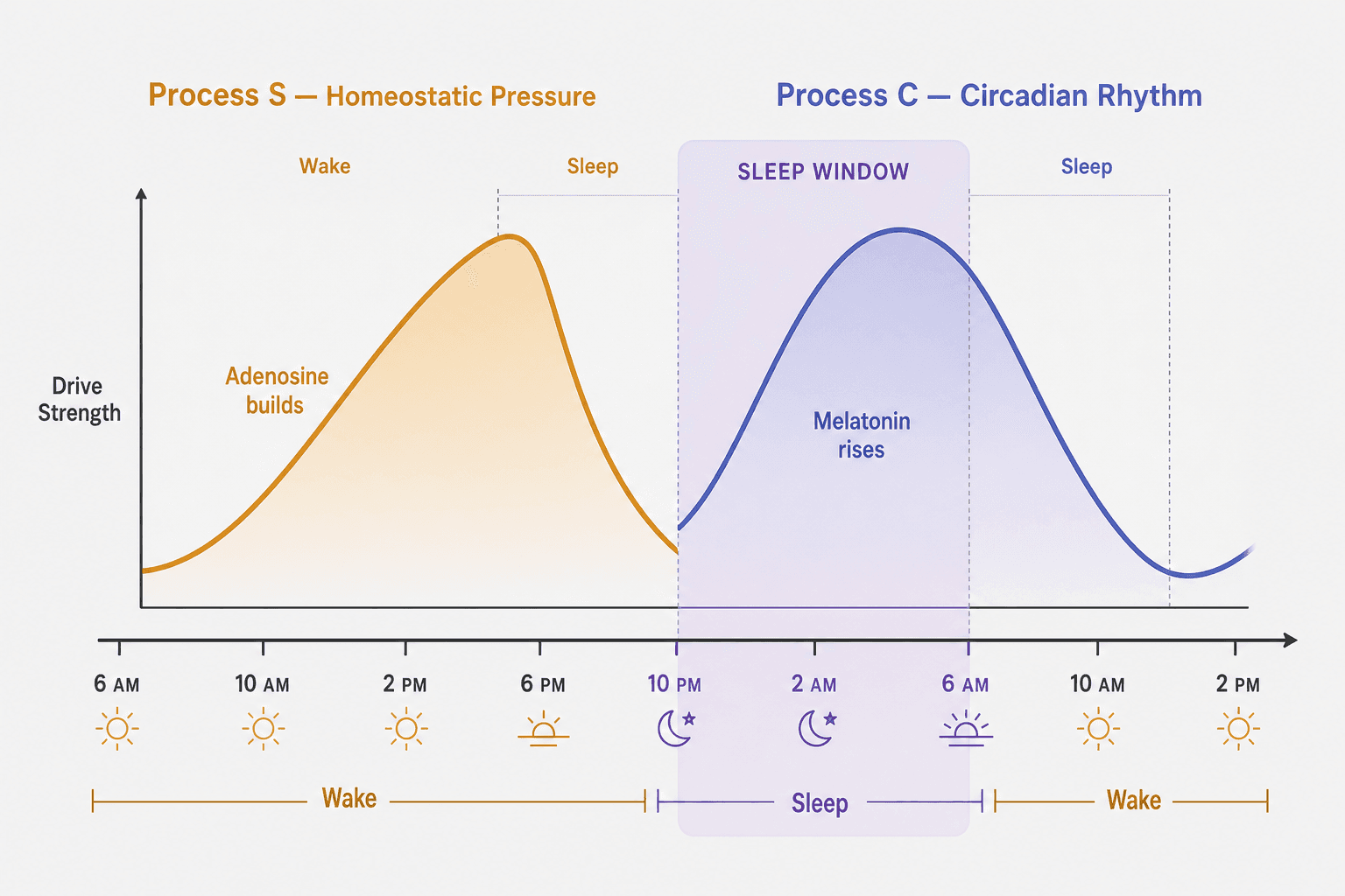 Editorial diagram showing two curves: an amber rising curve for adenosine homeostatic pressure across the waking day, and a blue-violet wave for melatonin secretion rising in the evening and falling in the morning, converging at the optimal sleep window.