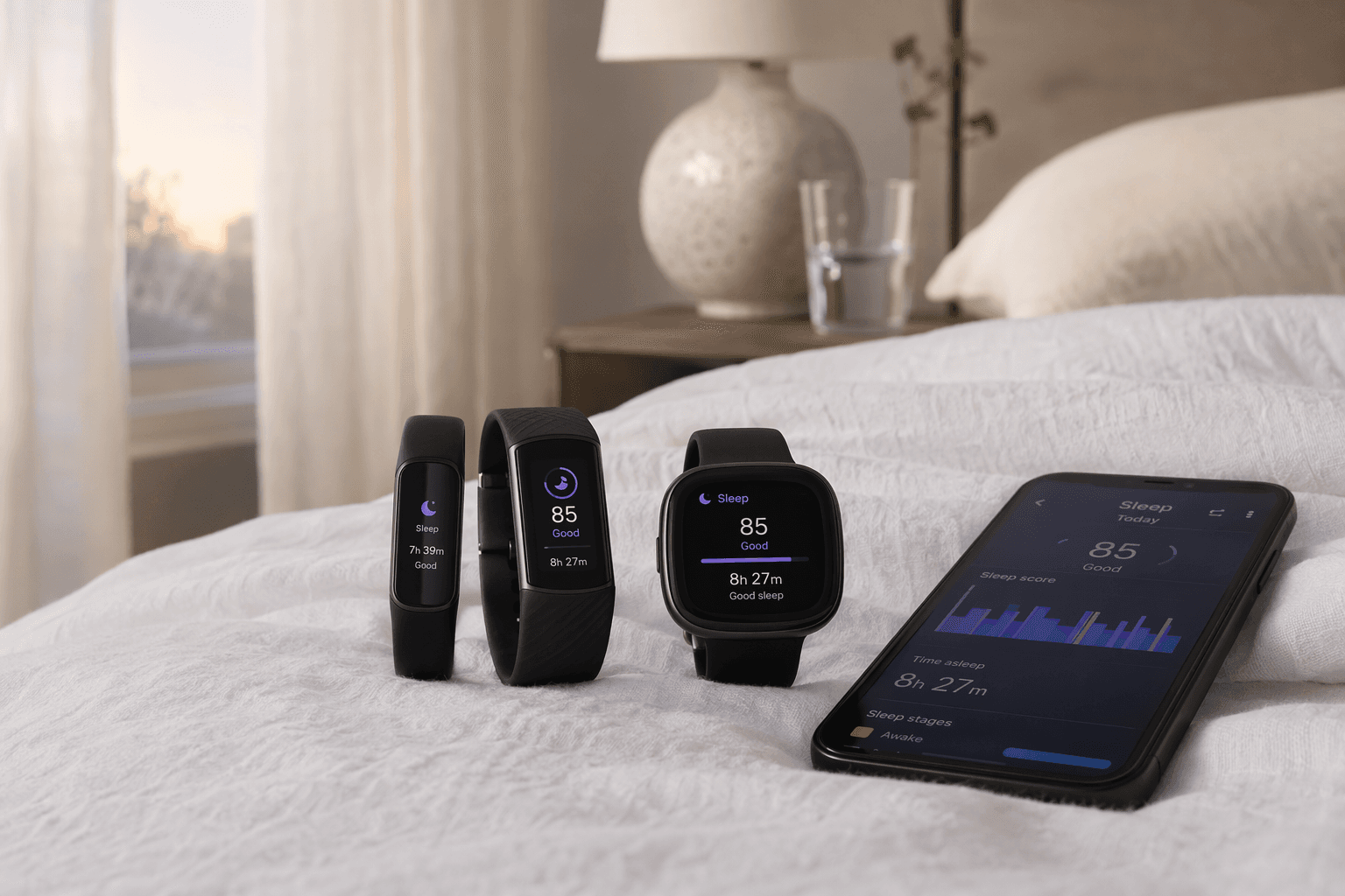 Three different sleep-tracking wearables on a white bed beside a phone showing a sleep score graph