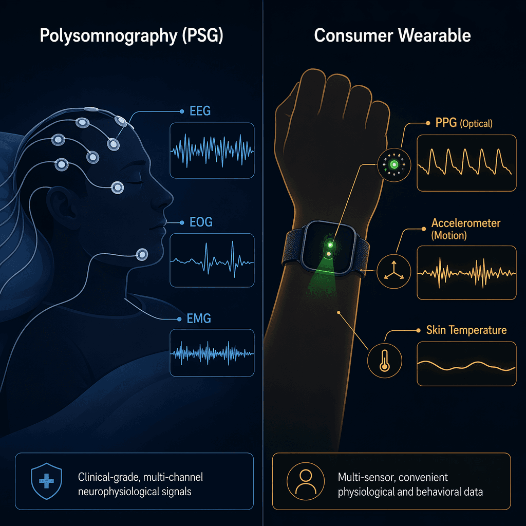PSG measurement of brain, eye, and muscle signals compared with wearable measurement of heart rate, movement, and temperature